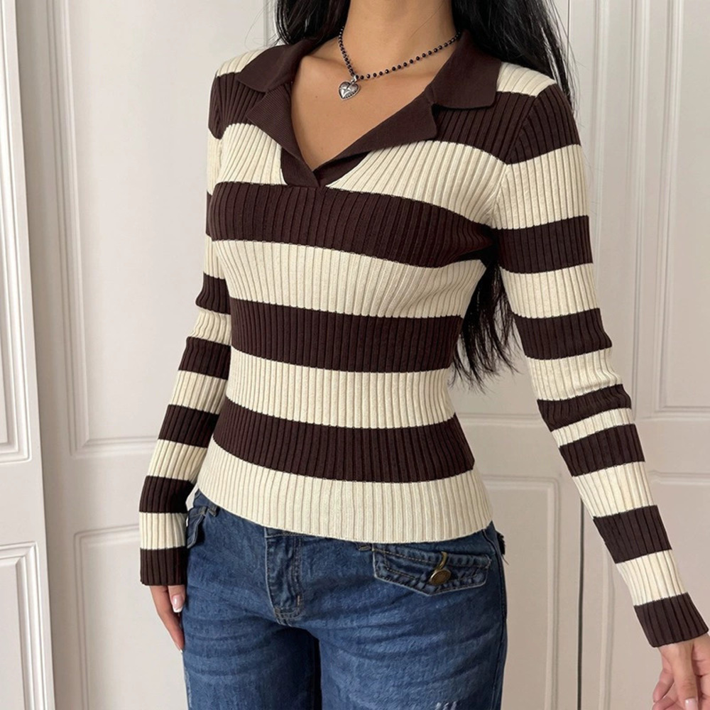 Women Fall Vintage Striped Long Sleeve Knit Sweater Turn Down Collar